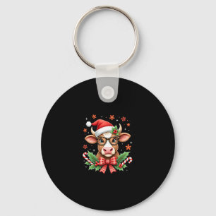 Cute Highland Cow Lover Santa Hat Western Christma Keychain