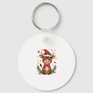 Cute Highland Cow Lover Santa Hat Western Christma Keychain