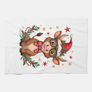 Cute Highland Cow Lover Santa Hat Western Christma Kitchen Towel
