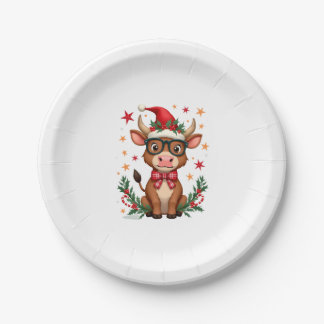 Cute Highland Cow Lover Santa Hat Western Christma Paper Plates