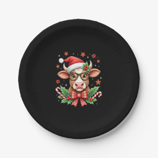 Cute Highland Cow Lover Santa Hat Western Christma Paper Plates