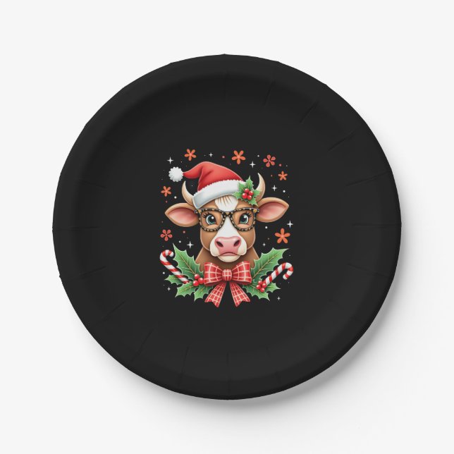 Cute Highland Cow Lover Santa Hat Western Christma Paper Plates (Front)