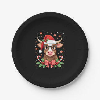 Cute Highland Cow Lover Santa Hat Western Christma Paper Plates