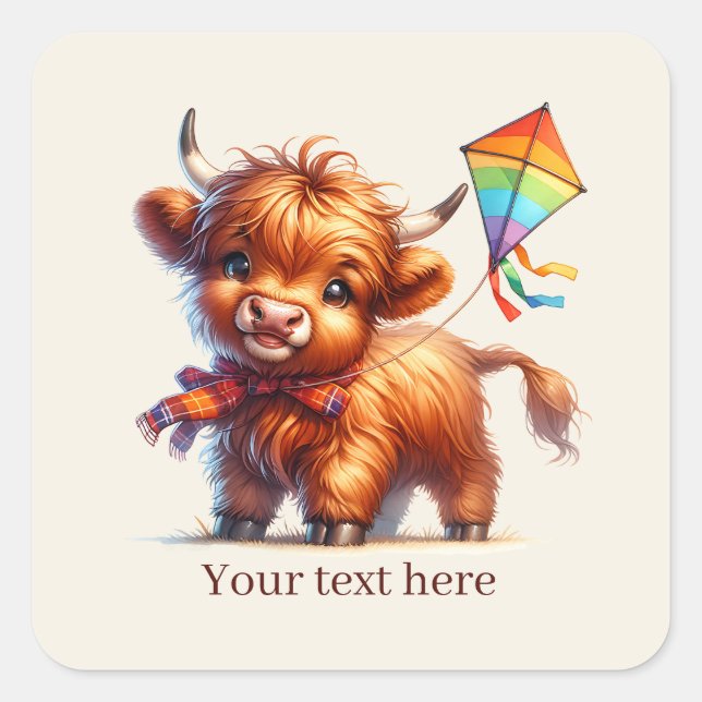 Cute highland cow lovers customizable square sticker (Front)
