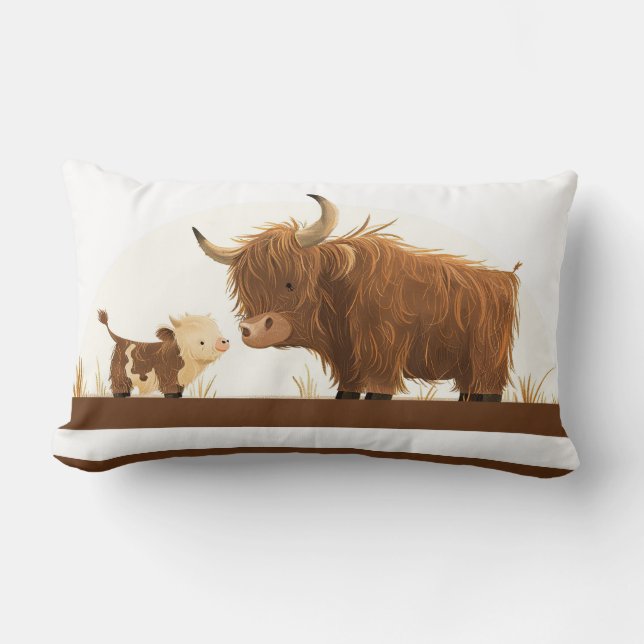 Cute Highland Cow Mama& Calf Rustic Brown Stripes Lumbar Pillow (Front)