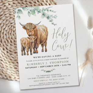 Cute Highland Cow Modern Eucalyptus Greenery Invitation