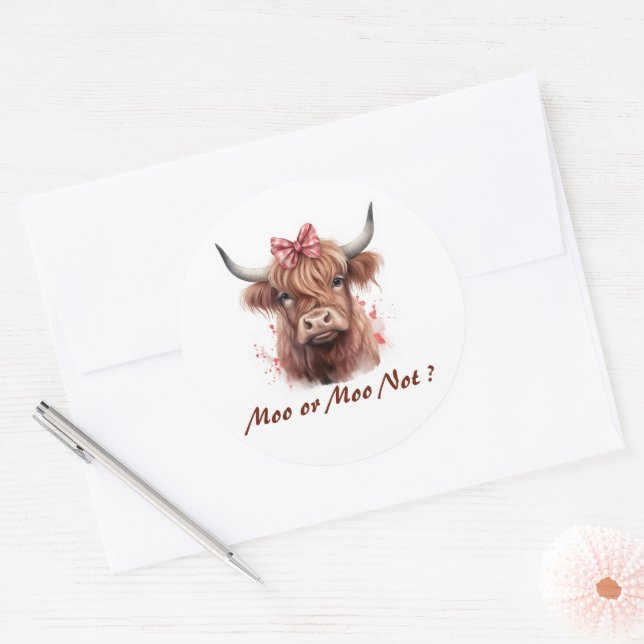Cute Highland Cow Moo Personalized Classic Round Sticker (Envelope)