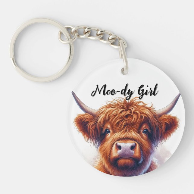 Cute Highland Cow Moody Girl  Keychain (Front)