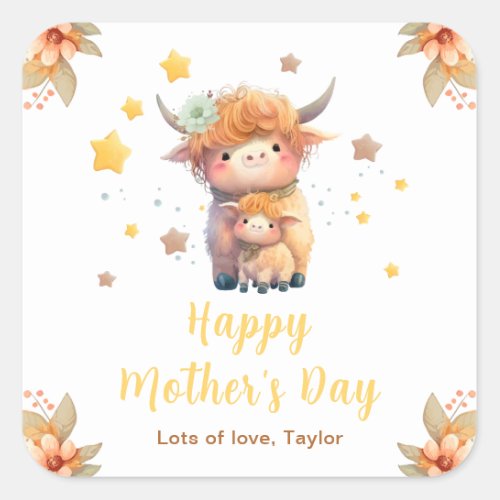 Cute Highland Cow Mothers Day Square Sticker