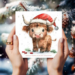 Cute Highland Cow Name Merry Christmas Holiday Card<br><div class="desc">Cute Highland Cow Name Merry Christmas. Available digitally and printed. Festive cuteness for your holiday wishes with this sweet highland cow in his Santa hat and personalise your greeting beneath. Merry Christmas is on the back in an elegant set script in red and the rest of the text you can...</div>