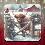 Cute Highland Cow on the Farm Christmas Square Sticker<br><div class="desc">Ai watercolor illustration of a scene on a rustic farm with a Highland cow,  cardinal and chicken sitting behind a wood fence decorated in pine cones,  berries and garland on a Christmas winter day.</div>
