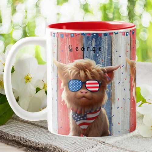 Cute Highland Cow Patriotic USA Flag Sunglasses  Two_Tone Coffee Mug