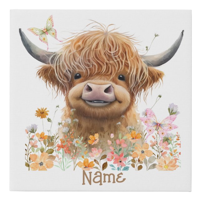 Cute Highland Cow Personalized Faux Canvas Print (Front)