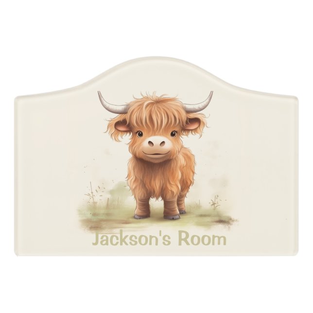 Cute highland cow personalized Kids Door Sign (Small Crest Front)