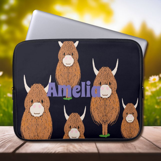 Cute Highland Cow Personalized Laptop Sleeve (Creator Uploaded)