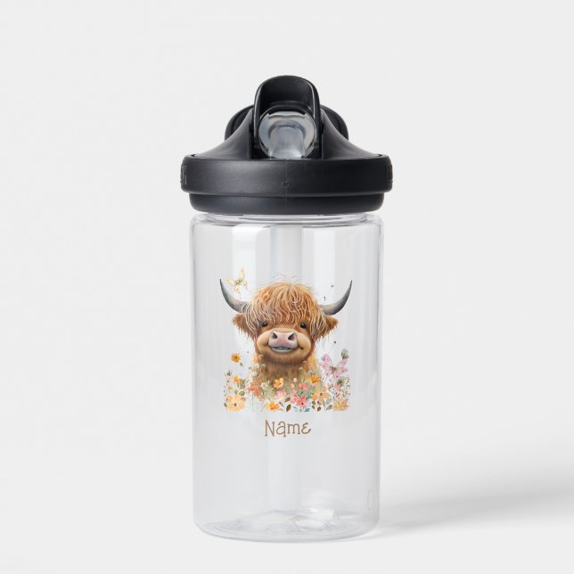 Cute Highland Cow Personalized Water Bottle (Front)