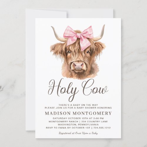 Cute Highland Cow Pink Coquette Bow Baby Shower  Invitation