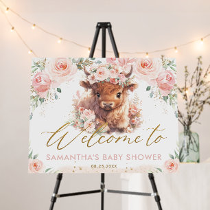 Cute Highland Cow Pink Floral Baby Shower Welcome Foam Board