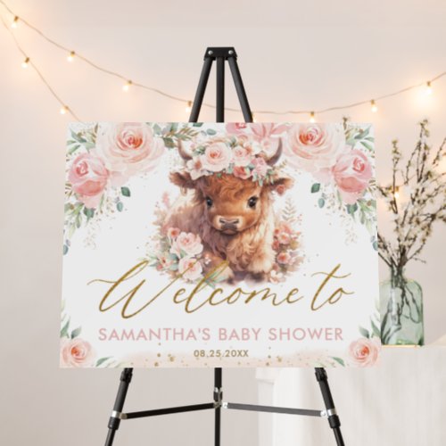 Cute Highland Cow Pink Floral Baby Shower Welcome  Foam Board