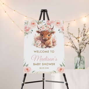 Cute Highland Cow Pink Floral Baby Shower Welcome Foam Board