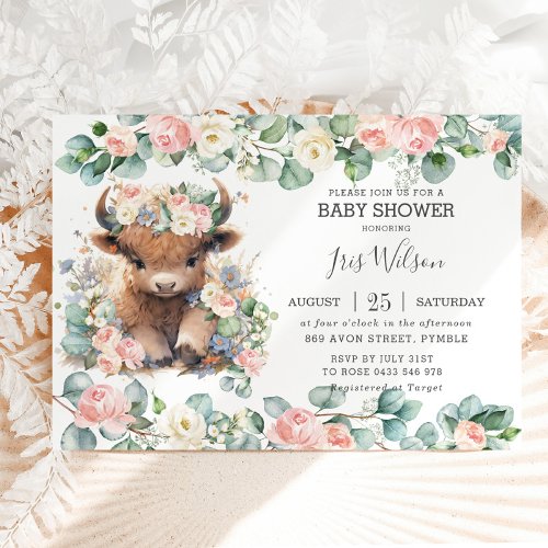 Cute Highland Cow Pink Floral Greenery Baby Shower Invitation