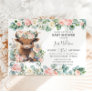 Cute Highland Cow Pink Floral Greenery Baby Shower Invitation