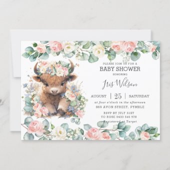 Cute Highland Cow Pink Floral Greenery Baby Shower Invitation | Zazzle