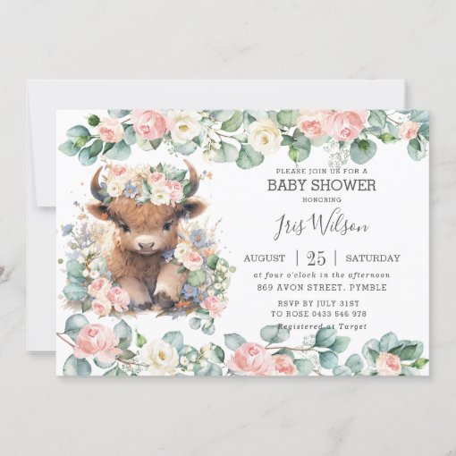 Cute Highland Cow Pink Floral Greenery Baby Shower Invitation | Zazzle