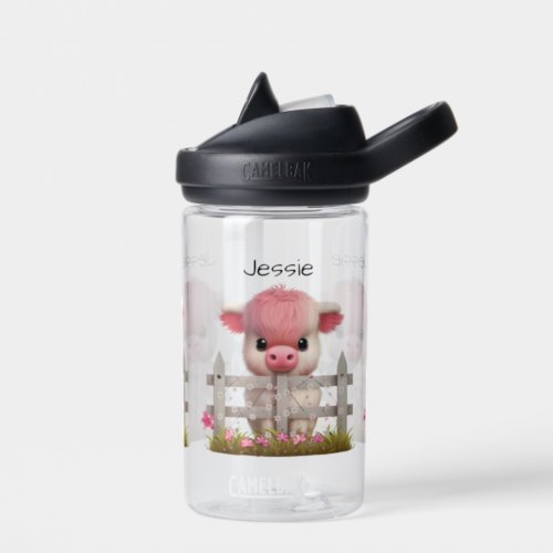 Cute Highland Cow Pink Floral Name Kids School Water Bottle