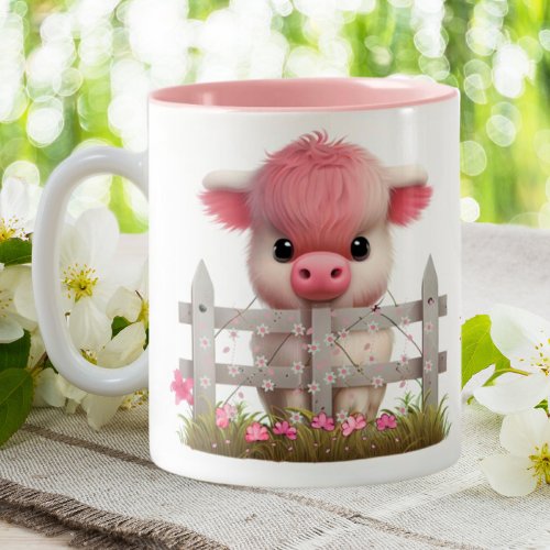 Cute Highland Cow Pink Floral Personalized Two_Tone Coffee Mug