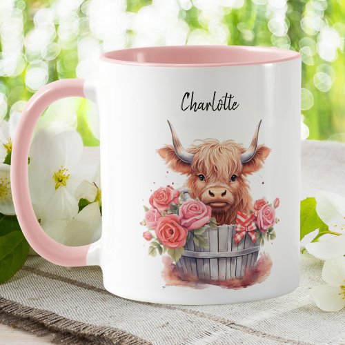 Cute Highland Cow Pink Floral Watercolor Custom Mug