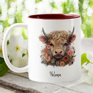 Cute Highland Cow Pink Floral Watercolor Custom Two-Tone Coffee Mug