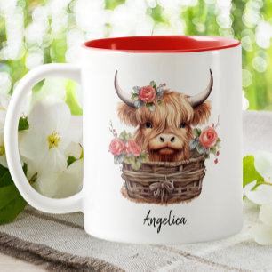 Cute Highland Cow Pink Floral Watercolor Rose Two-Tone Coffee Mug