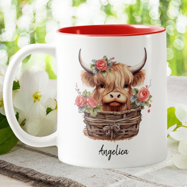Cute Highland Cow Pink Floral Watercolor Rose Two-Tone Coffee Mug (Creator Uploaded)