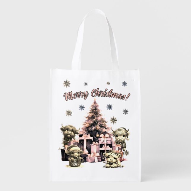 Cute Highland Cow Pink Grocery Bag (Front)