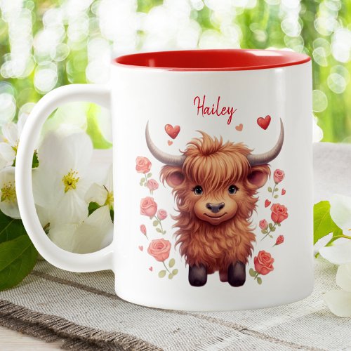 Cute Highland Cow Pink Hearts Floral Valentine Two_Tone Coffee Mug