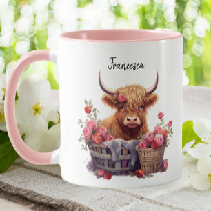 Cute Highland Cow Pink Pastel Floral Watercolor  Mug