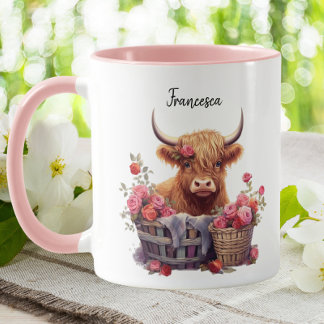 Cute Highland Cow Pink Pastel Floral Watercolor Mug