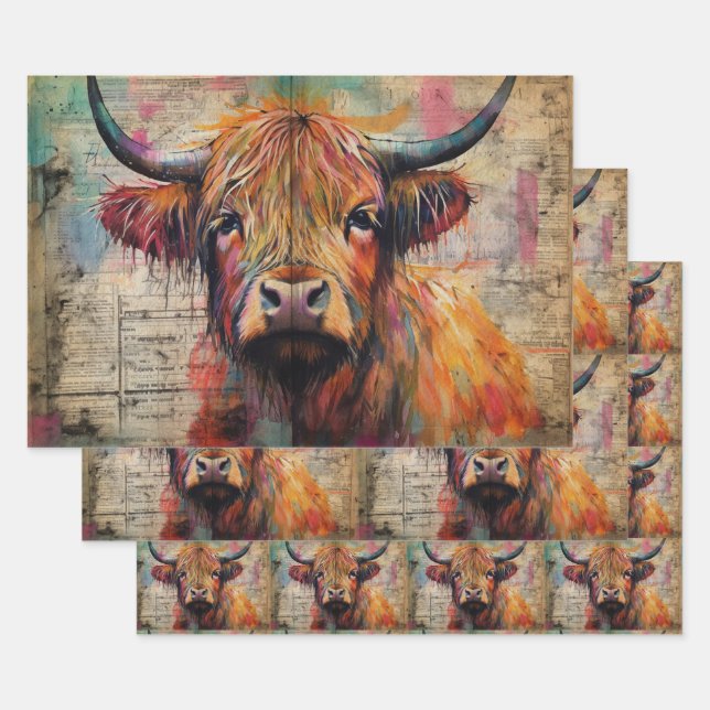 Cute Highland Cow Portrait Ephemera Wrapping Paper Sheets (Set)