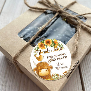 Cute Highland Cow Print Bird Sunflowers Thank Moo Classic Round Sticker