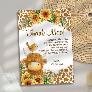 Cute Highland Cow Print Sunflowers Bird Birthday Thank You Card