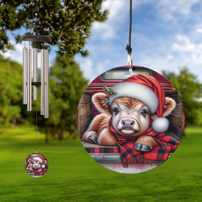 Cute Highland Cow Red Christmas Plaid Wind Chime (Outdoor)
