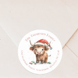 Cute Highland Cow Return Name Address Christmas Classic Round Sticker<br><div class="desc">Cute Highland Cow Return Name Address Christmas. Add some colorful festive cuteness to your Holiday mailings with this charming baby highland cow in a Santa Hat design,   with your name curved above and your return address curved below.   All the text can be easily personalised.</div>