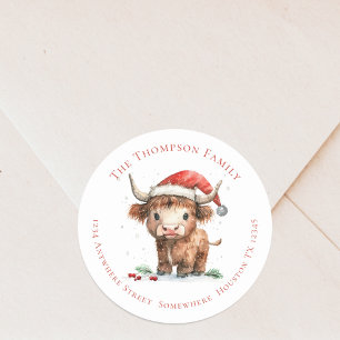 Cute Highland Cow Return Name Address Christmas Classic Round Sticker
