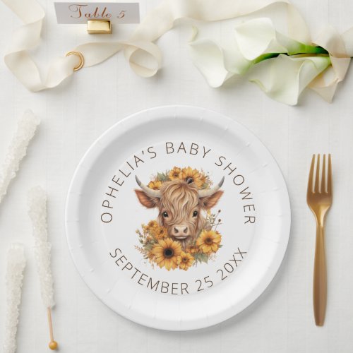 Cute Highland Cow Rustic Sunflowers Baby Shower Paper Plates