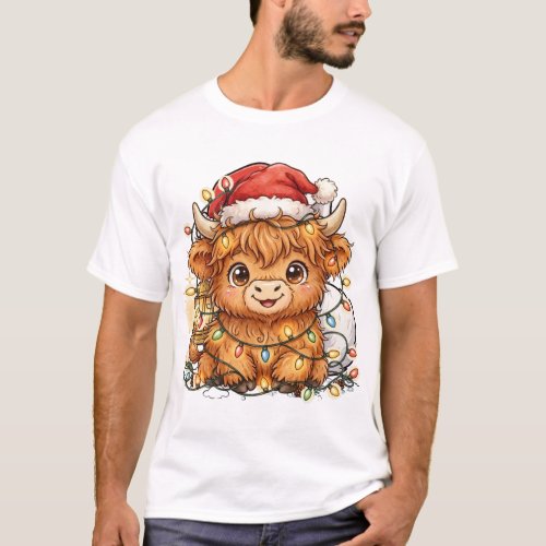 Cute Highland Cow Santa Hat Christmas Lights Tee
