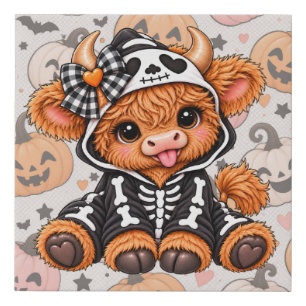Cute Highland Cow Skeleton Halloween Nursery Canva Faux Canvas Print