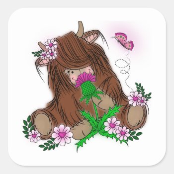 Cute Highland Cow Square Sticker by HeeHeeCreations at Zazzle