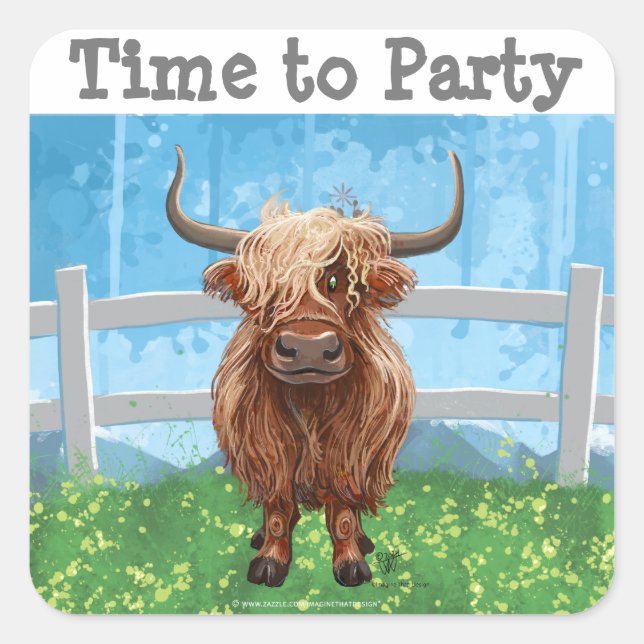 Cute Highland Cow Square Sticker (Front)