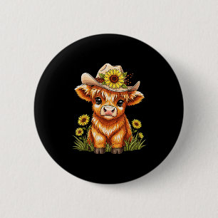 Cute Highland Cow Sunflower Farm Scottish Highland Button